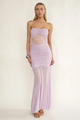 Sade Strapless Sheer Panel Ruched Maxi Dress Lilac