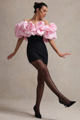 Macaron | Black Bardot Mini Dress With Pink Ruffle Trim