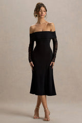 Flatter Me | Black Bardot Midi Dress With Mesh Sleeves