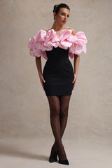 Macaron | Black Bardot Mini Dress With Pink Ruffle Trim