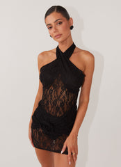 Santana Crossover Lace Mini Dress - Black