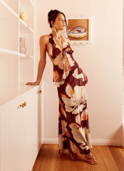 Camellia Halterneck Top - Brown Floral