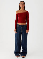 Talia Asymmetric Long Sleeve Top - Red