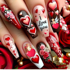 Luxury 3D Floral & Heart Press-On Nails-Elegant Valentine's Romantic Collection Custom Gel False Nails