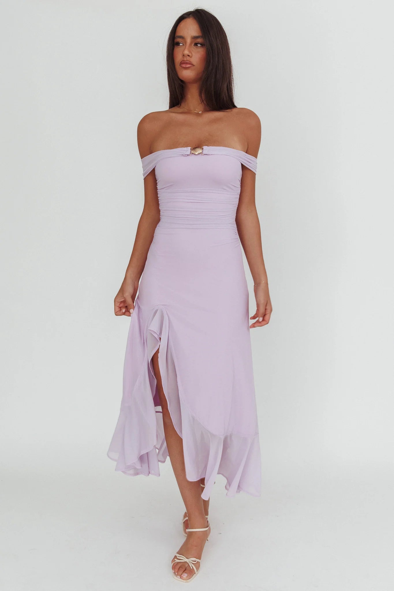 Moonlit Magic Off-Shoulder Split Maxi Dress Lilac