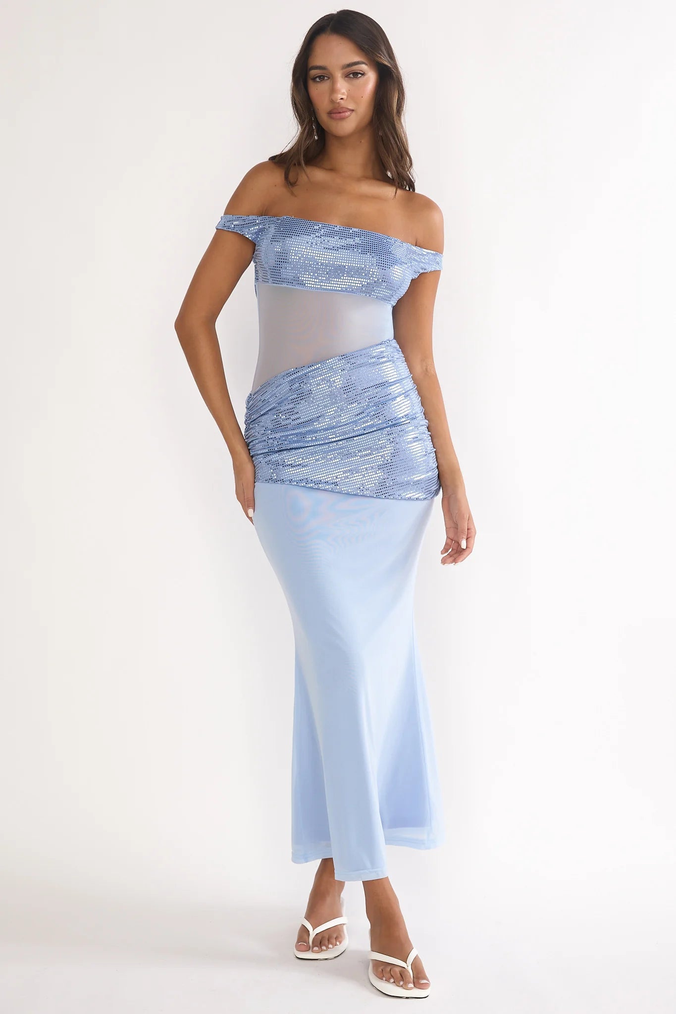 Bellora Off-Shoulder Sequin Trim Maxi Dress Blue