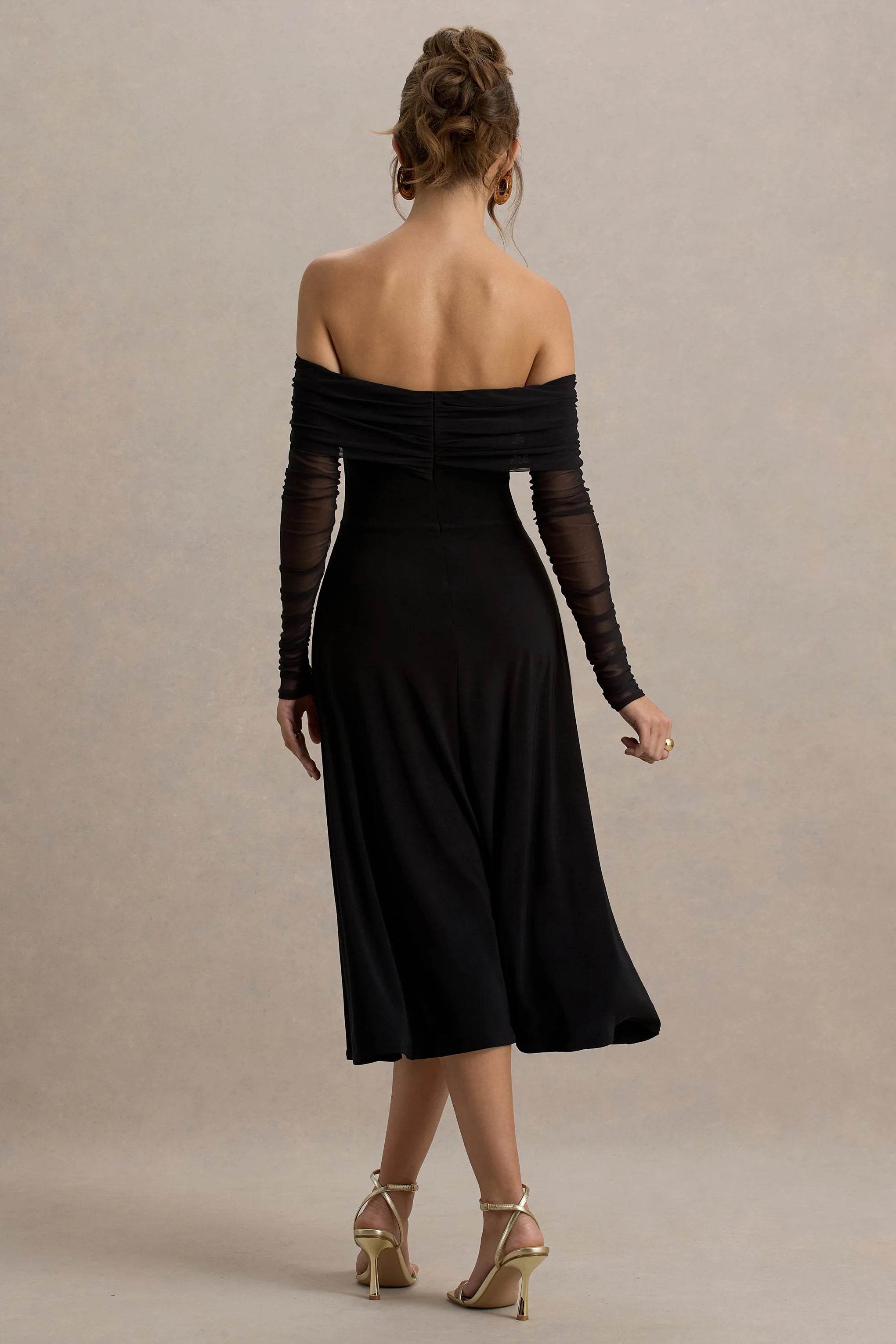 Flatter Me | Black Bardot Midi Dress With Mesh Sleeves
