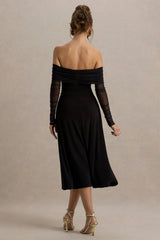 Flatter Me | Black Bardot Midi Dress With Mesh Sleeves