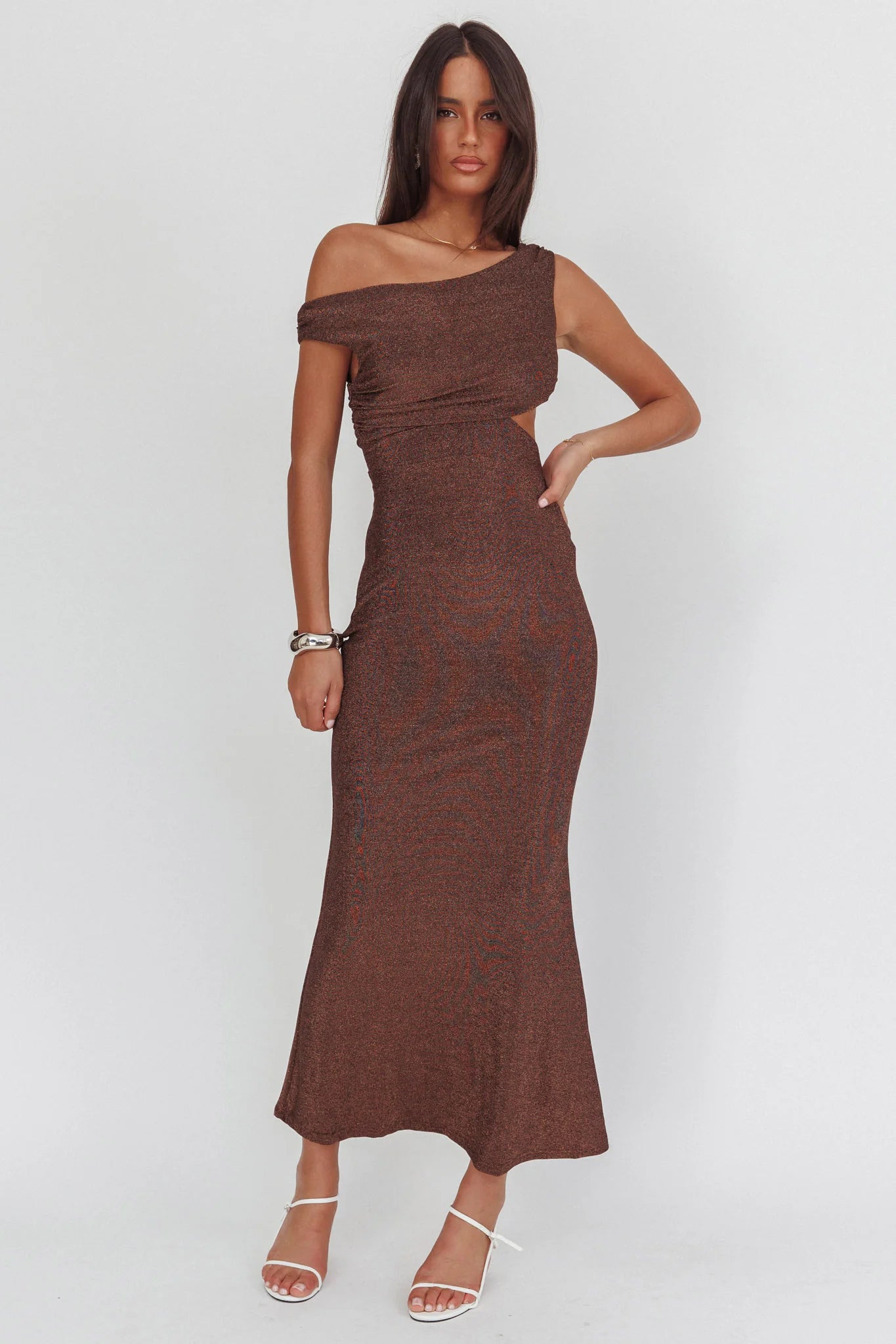 In Blooms Asymmetric Neckline Maxi Dress Shimmer Chocolate