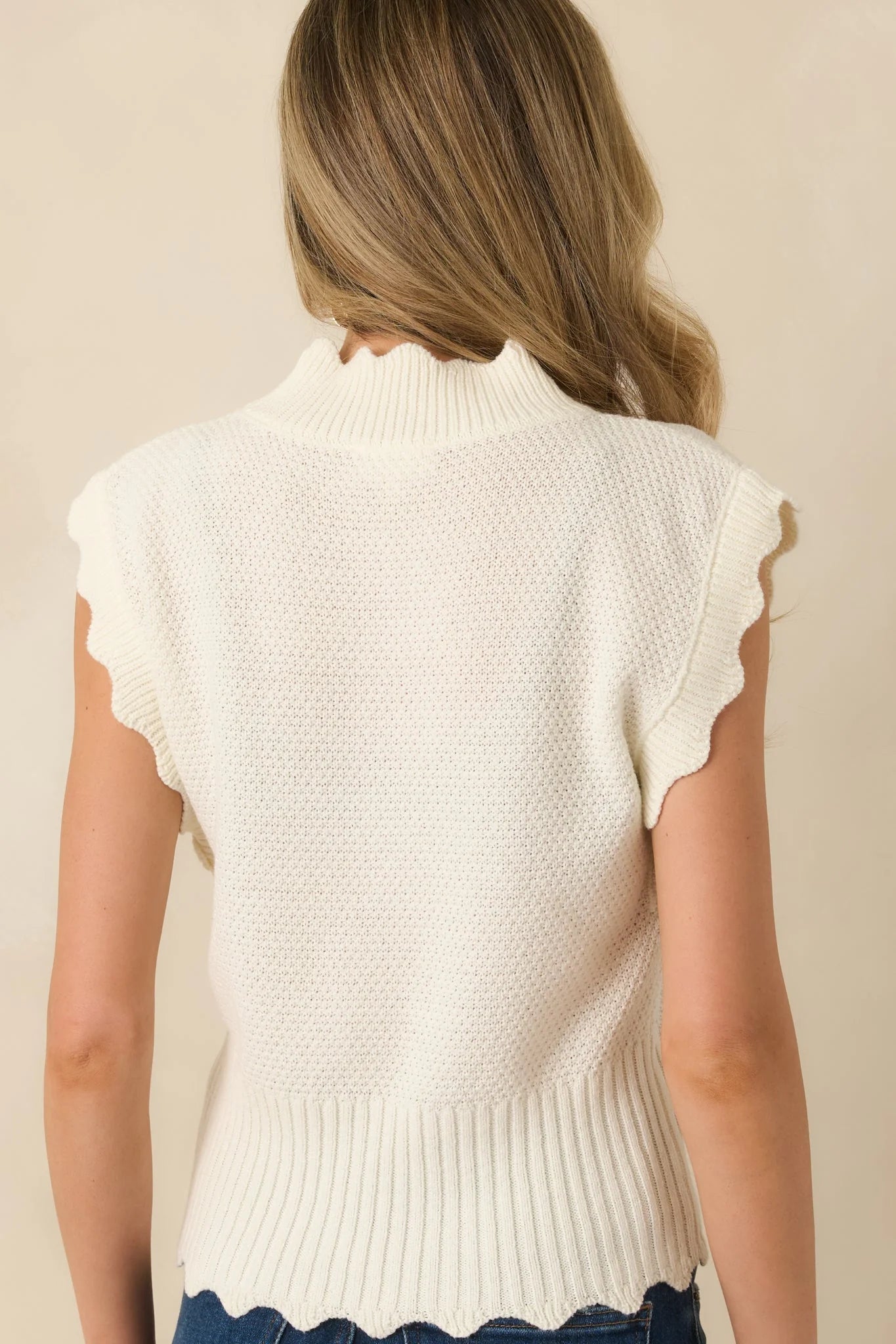 Sweetly Said White Textured Knit Scalloped Edge Sleeveless Cropped Sweater
