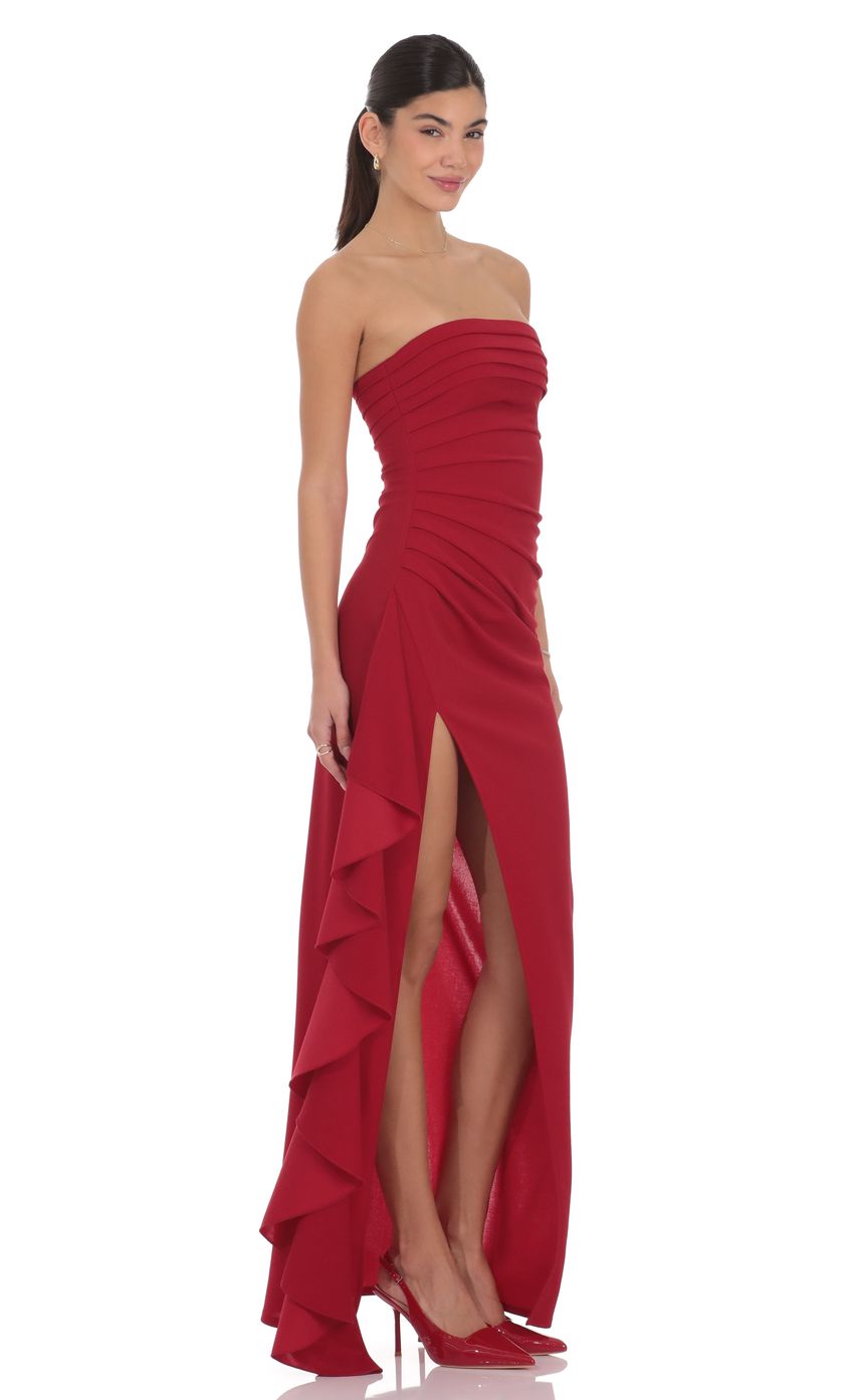 Strapless Ruched Ruffle Maxi Dress in Maroon