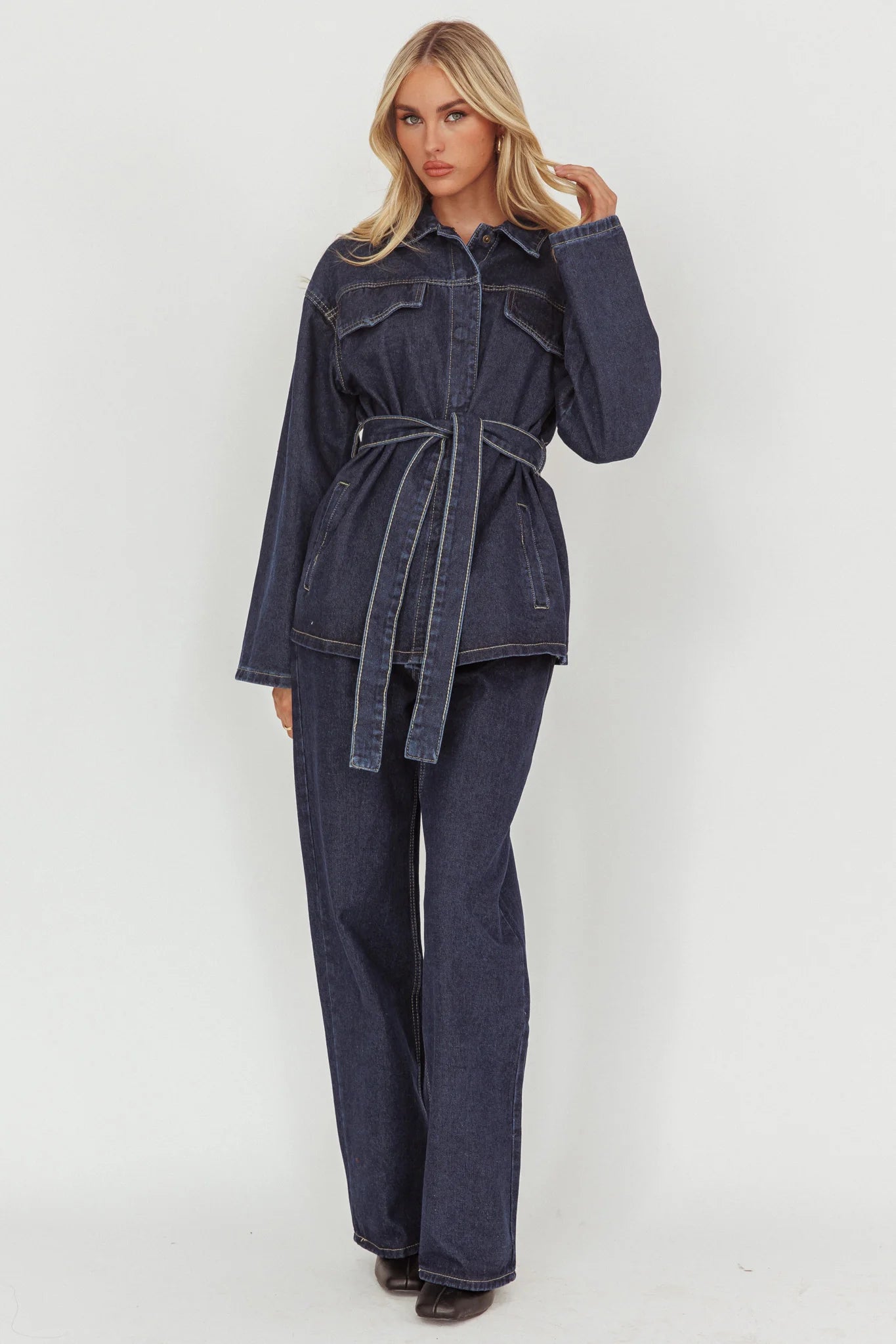 Belisse Waist Tie Button Jacket Denim Blue