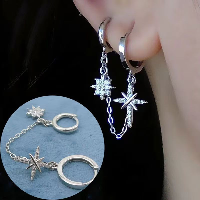 Double Piercing Connected Earrings, Cartilage Integrated Ear Cuff Hoop Dangle Earrings, Hypoallergenic Minimalist Cool Tone Jewelry