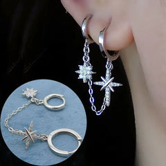 Double Piercing Connected Earrings, Cartilage Integrated Ear Cuff Hoop Dangle Earrings, Hypoallergenic Minimalist Cool Tone Jewelry