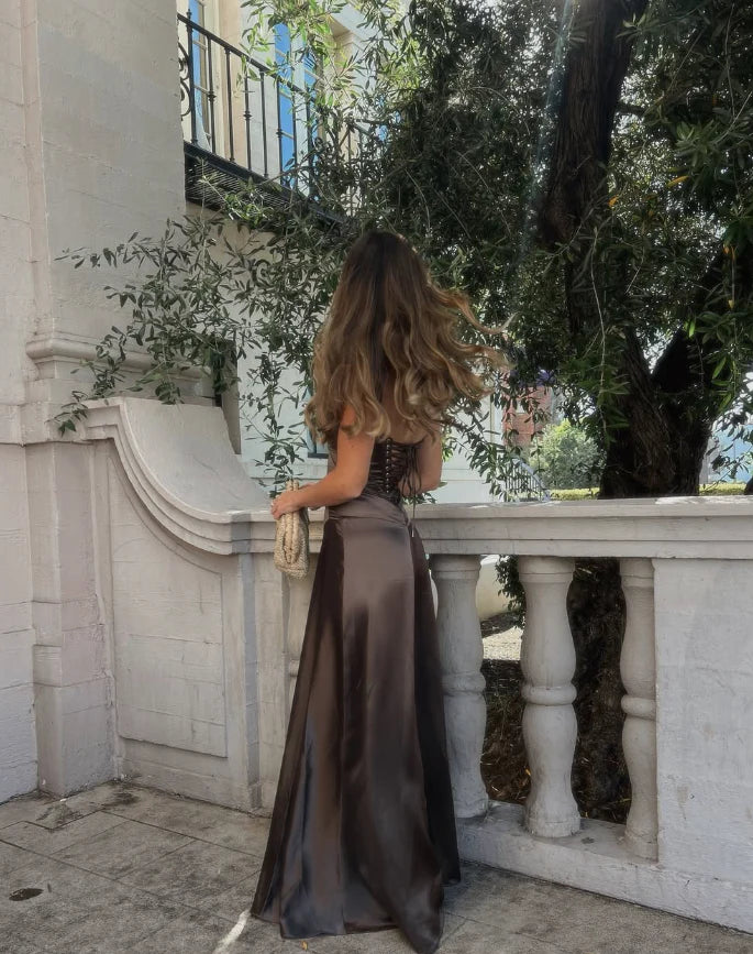 Simple Brown Spaghetti Straps A Line Prom Dress Party Dress