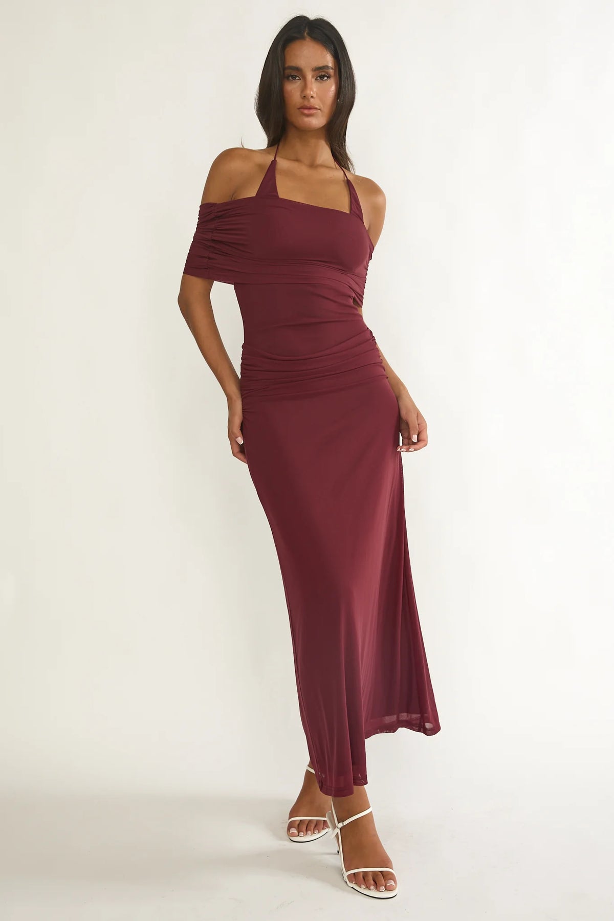 Carielle Off-Shoulder Halter Maxi Dress Wine
