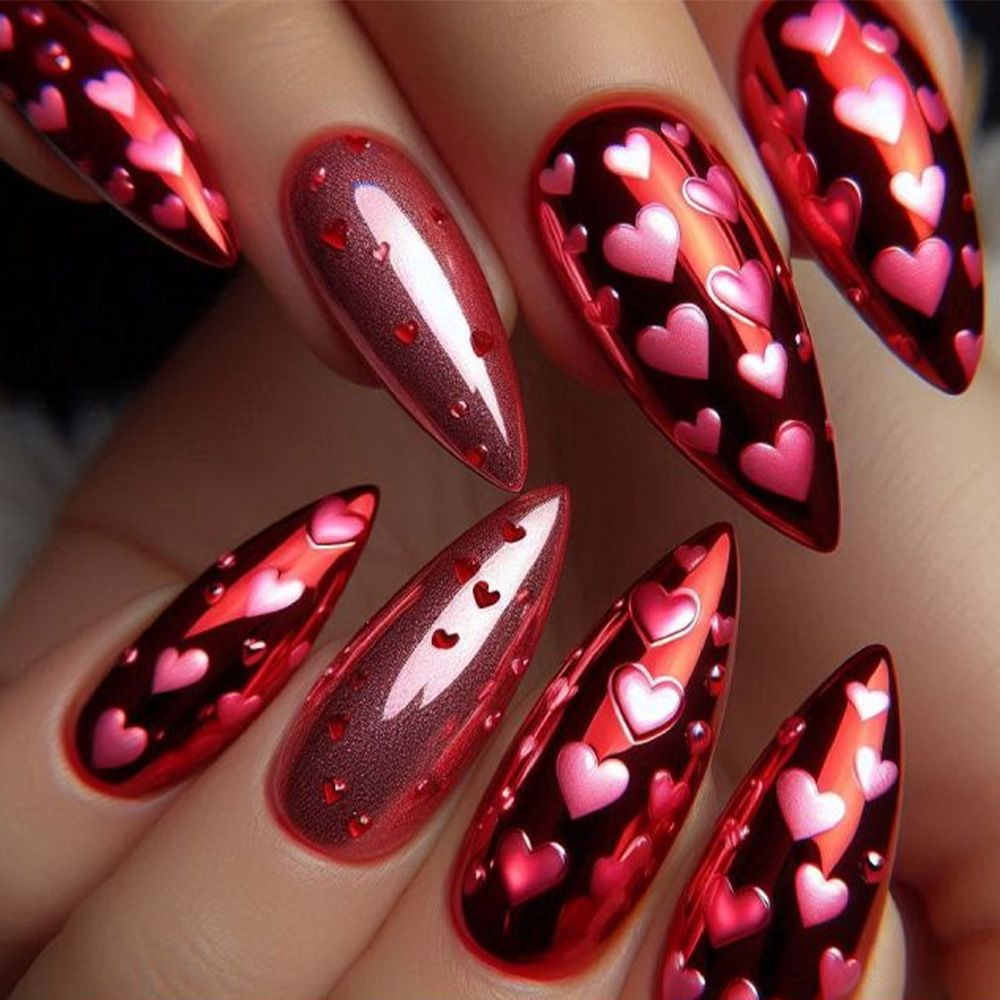 Luxury 3D Floral & Heart Press-On Nails-Elegant Valentine's Romantic Collection Custom Gel False Nails