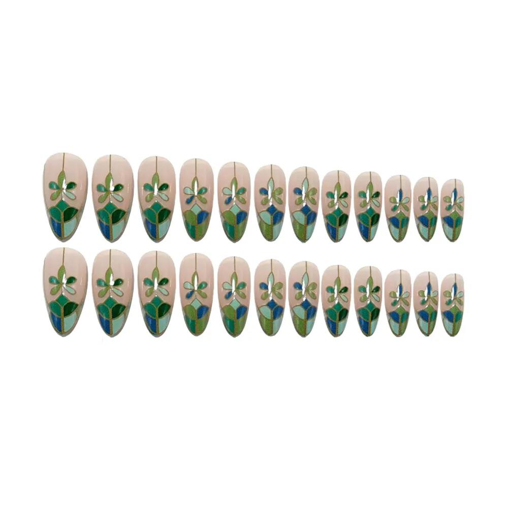 Unique Green Diamond Grid Floral Nails, Gradient Manicure, Sweet & Cool Removable Press On Nails