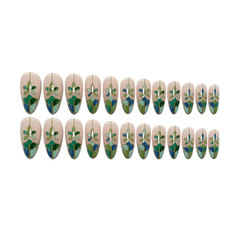 Unique Green Diamond Grid Floral Nails, Gradient Manicure, Sweet & Cool Removable Press On Nails