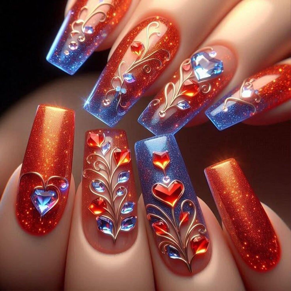 Luxury 3D Floral & Heart Press-On Nails-Elegant Valentine's Romantic Collection Custom Gel False Nails