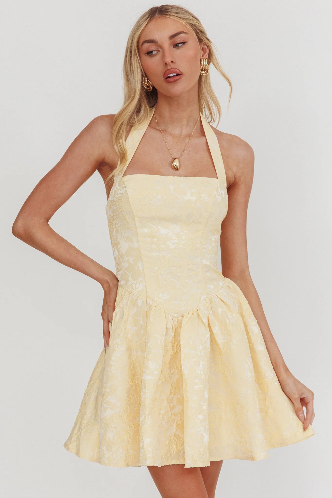 Serrah Halter Mini Dress Jacquard Butter