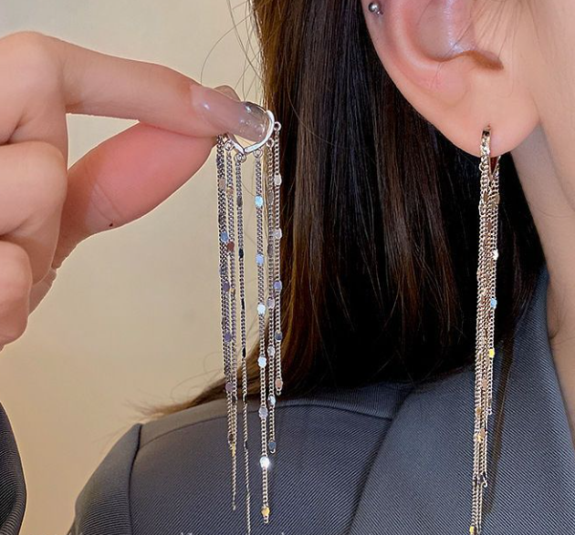 Dazzling Silver Long Metal Tassel Ear Cuffs, Minimalist Unique Design Earrings, Trendy Versatile Jewelry
