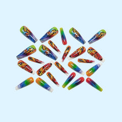 Long Press On Nails, Vibrant Rainbow Gradient with Butterfly Design, Reusable Nail Art