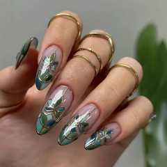 Unique Green Diamond Grid Floral Nails, Gradient Manicure, Sweet & Cool Removable Press On Nails
