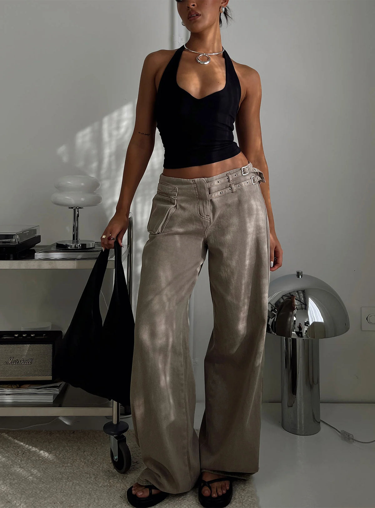 Paltrow Mid Rise Wide Leg Cargo Jeans Washed Brown