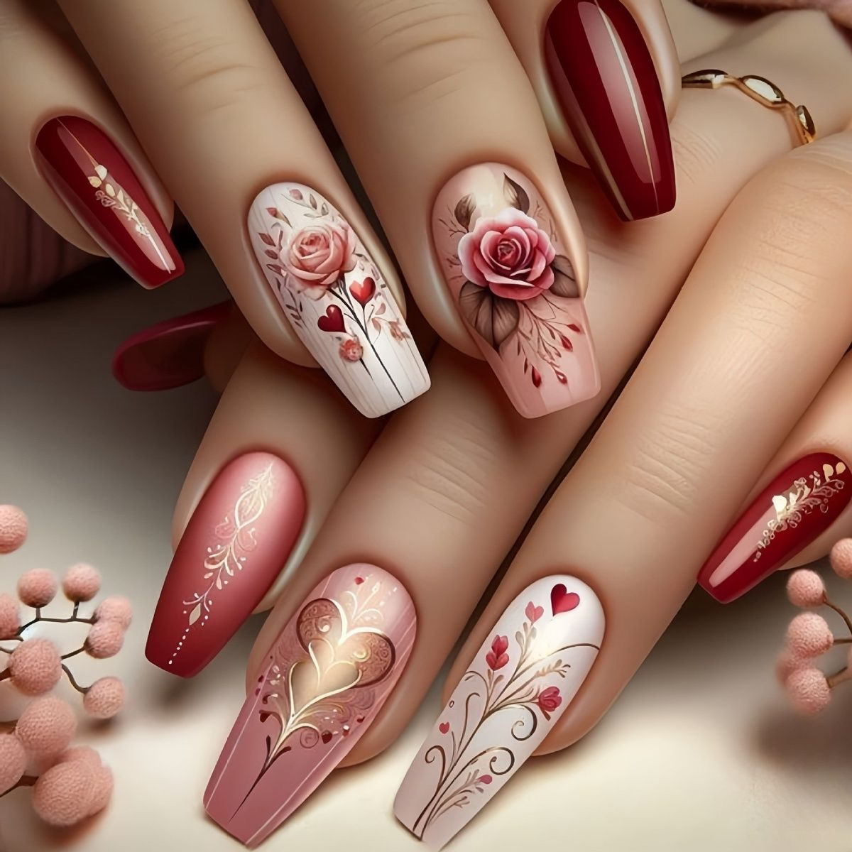 Luxury 3D Floral & Heart Press-On Nails-Elegant Valentine's Romantic Collection Custom Gel False Nails