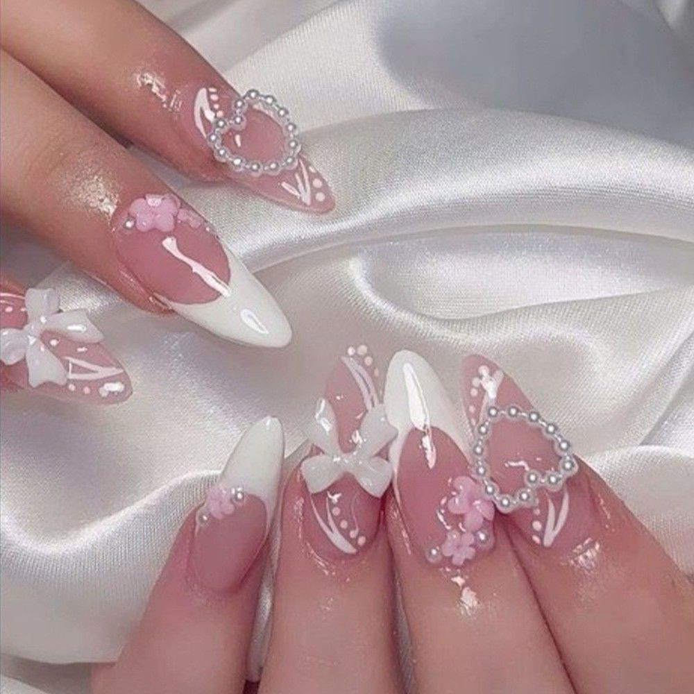 Luxury 3D Floral & Heart Press-On Nails-Elegant Valentine's Romantic Collection Custom Gel False Nails