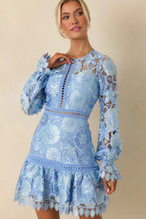 Keep It Authentic Light Blue Floral Embroidered Mini Dress