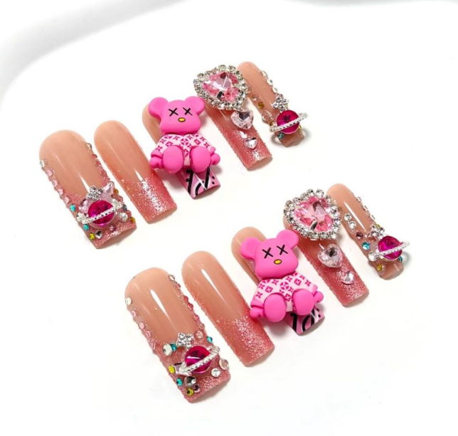 Luxury 3D Floral & Heart Press-On Nails-Elegant Valentine's Romantic Collection Custom Gel False Nails