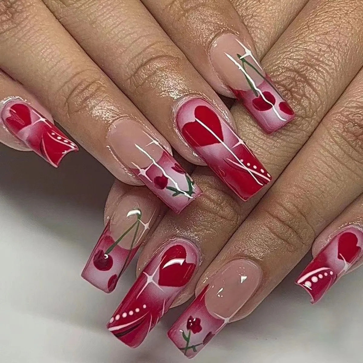 Luxury 3D Floral & Heart Press-On Nails-Elegant Valentine's Romantic Collection Custom Gel False Nails