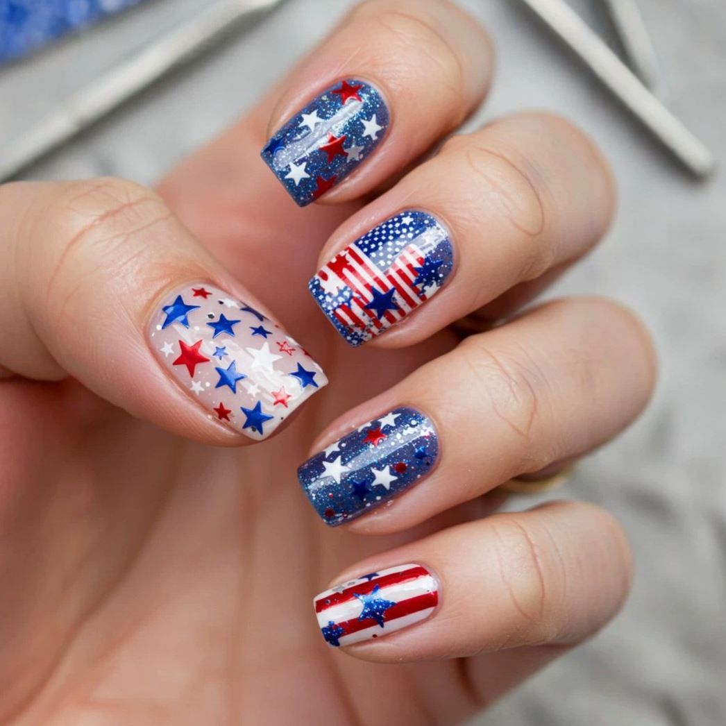 Independence Day Press On Nails, Classic Fashion Nails with Flag Stripes & Star Design