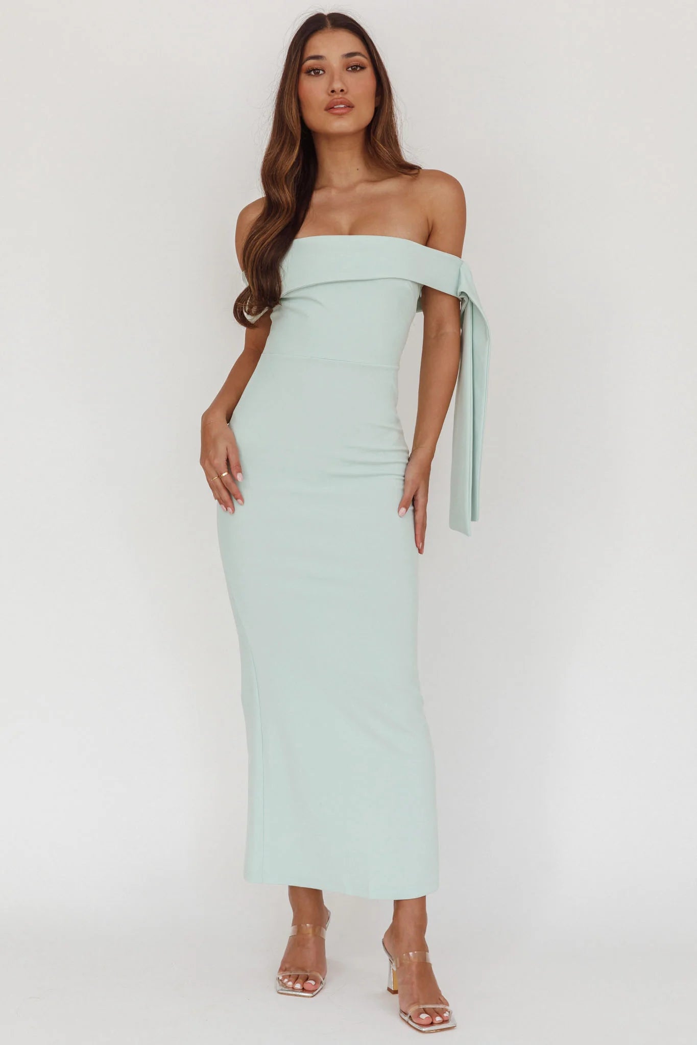 Aurora Sky Off-Shoulder Tie Maxi Dress Sage
