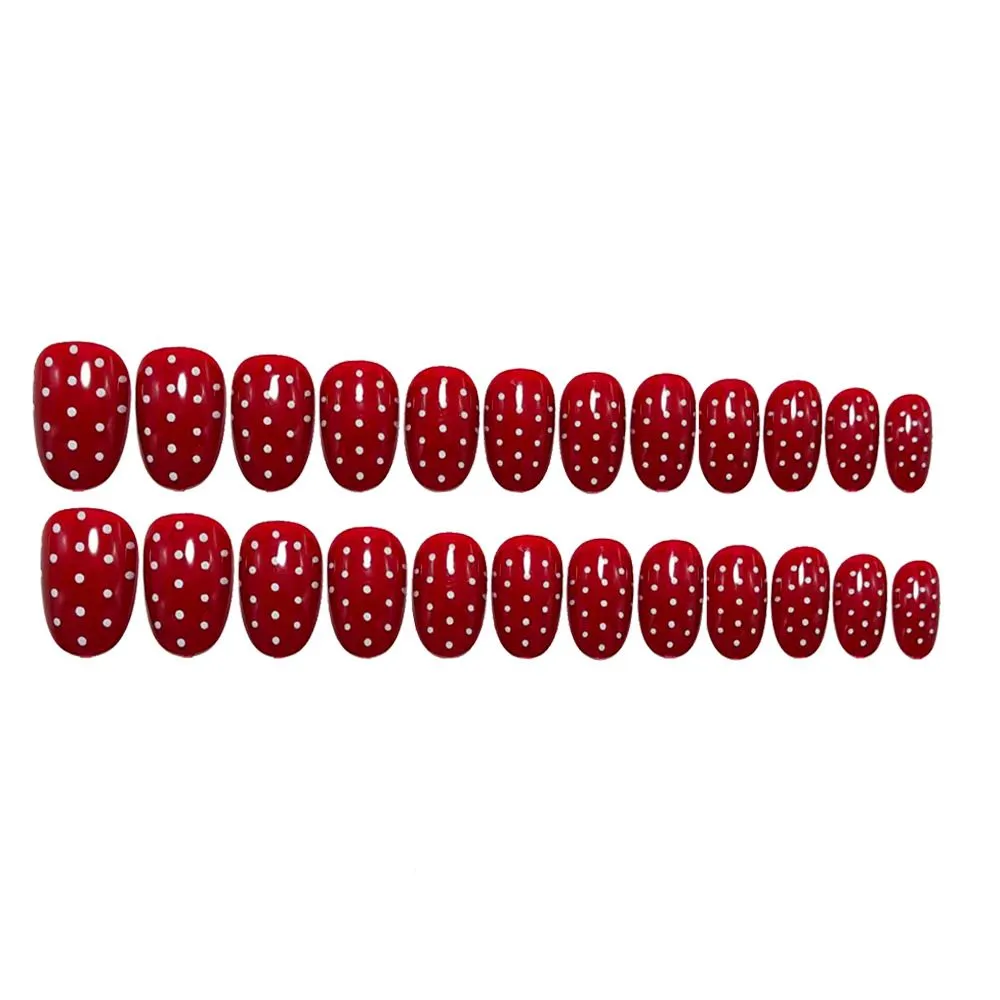Short Oval Press On Nails, Simple Red Polka Dot Design, Wearable False Nails