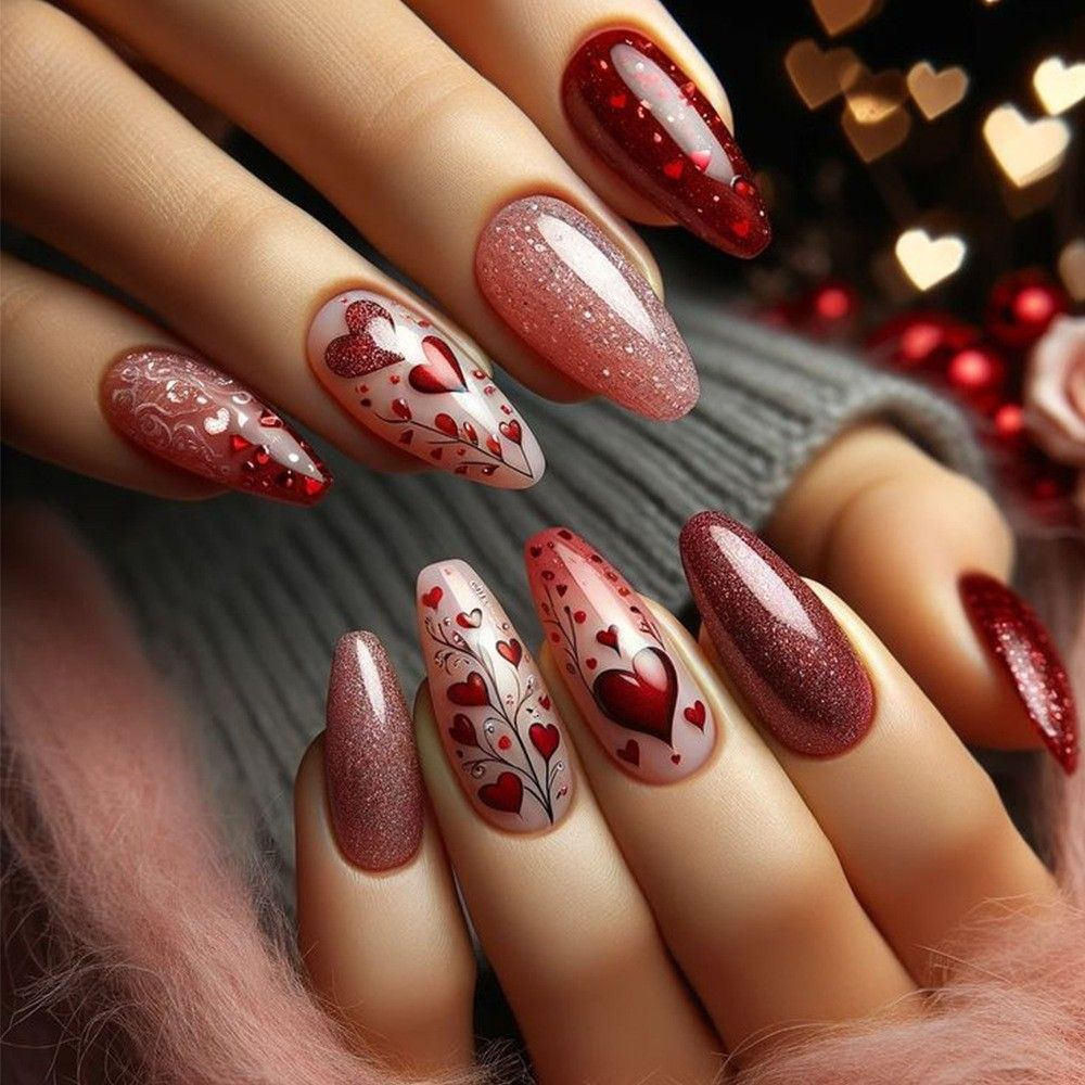 Luxury 3D Floral & Heart Press-On Nails-Elegant Valentine's Romantic Collection Custom Gel False Nails
