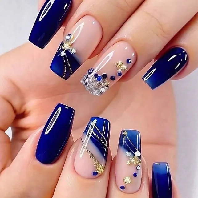 Long Ballerina Nails, Gradient Design with Rhinestones, Wearable Press On Nail Tips