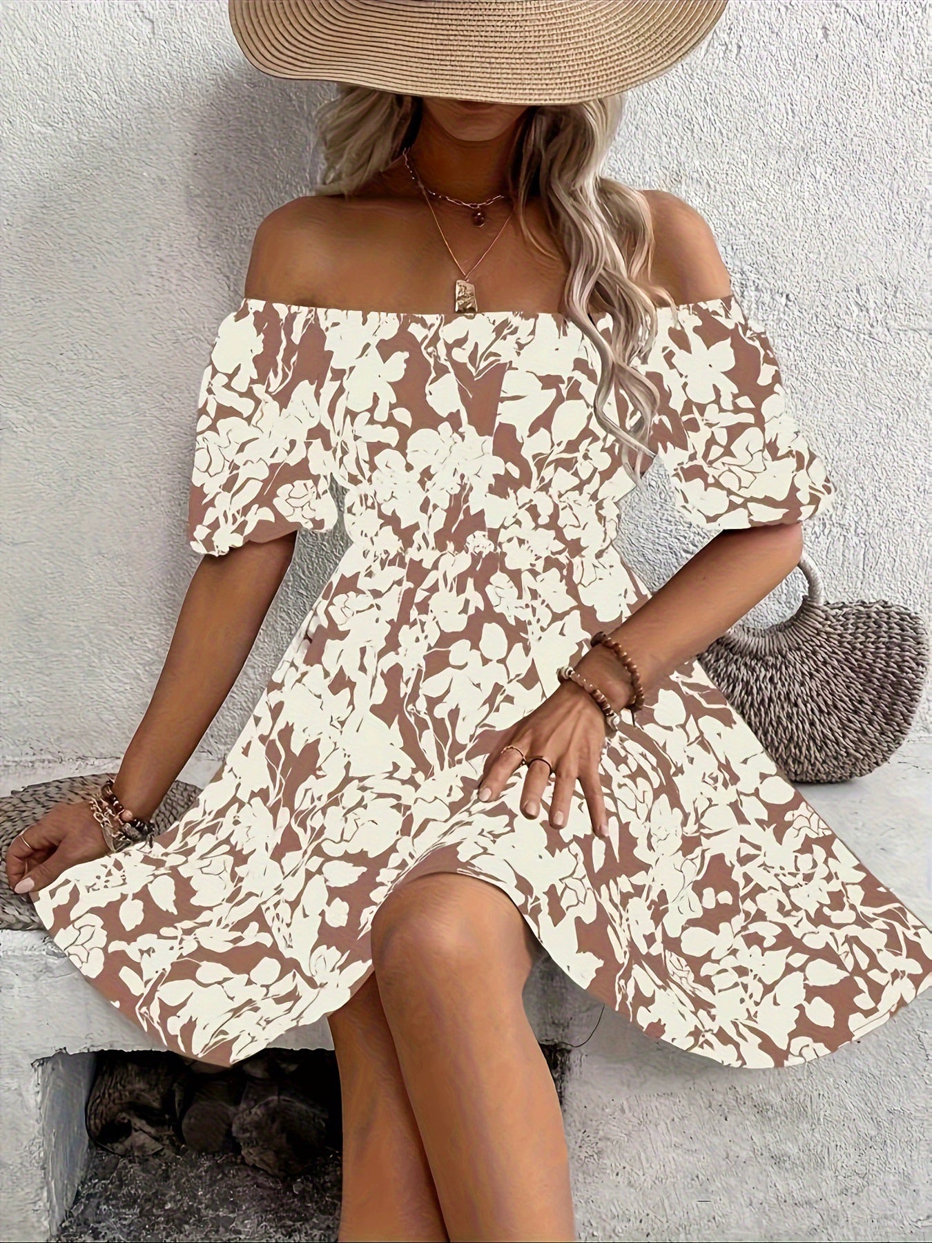 Short-sleeved Printed Off-shoulder Ruffle Dress