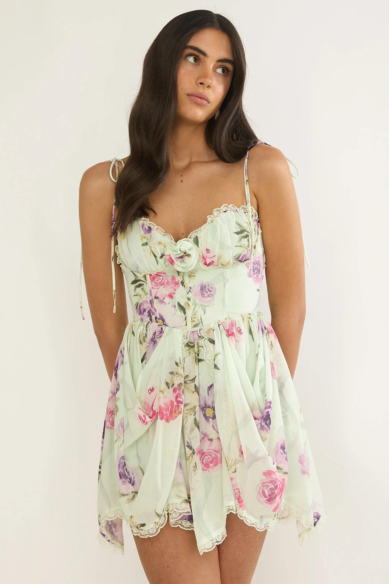 Gisora Tied Back Lace Trim Romper Floral Mint