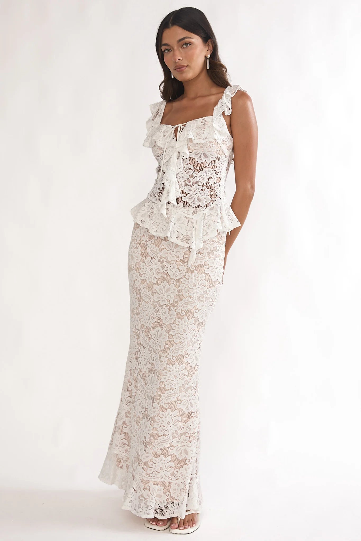 Kelina Ruffle Trim Lace Top White