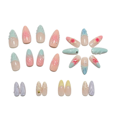 Seashell 3D Drip Glue Carved Gradient Press On Nails, Fresh Dopamine Floral Nails with Rhinestones, Ins Style Nail Art