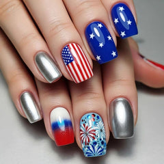 Independence Day Press On Nails, Classic Fashion Nails with Flag Stripes & Star Design