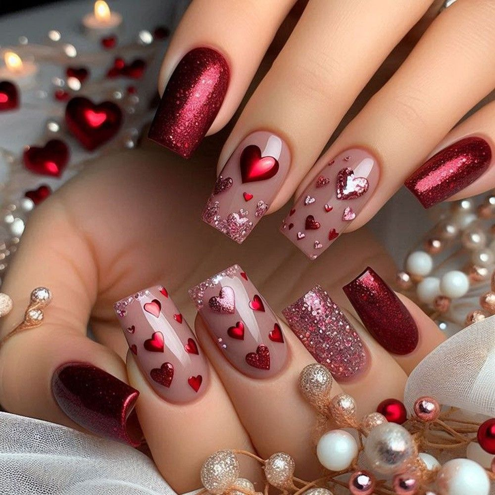 Luxury 3D Floral & Heart Press-On Nails-Elegant Valentine's Romantic Collection Custom Gel False Nails