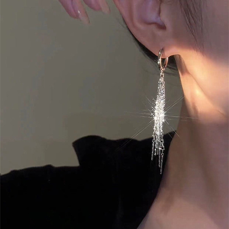 Dazzling Silver Long Metal Tassel Ear Cuffs, Minimalist Unique Design Earrings, Trendy Versatile Jewelry