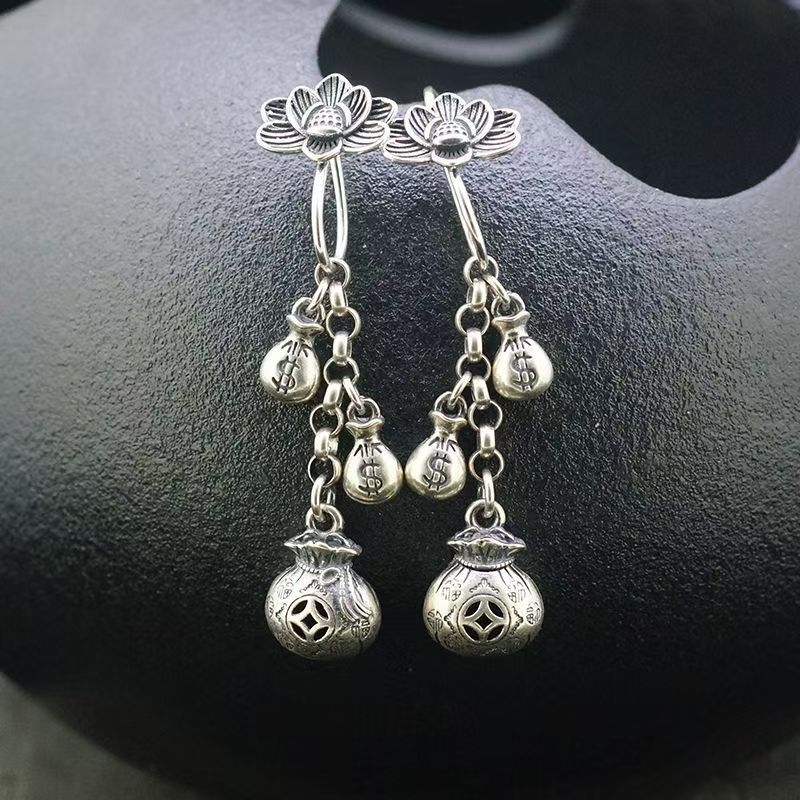 Classic Boho Floral & Fringe Earrings | Antique Style Lotus & Fortune Pouch Statement Ear Studs for Women