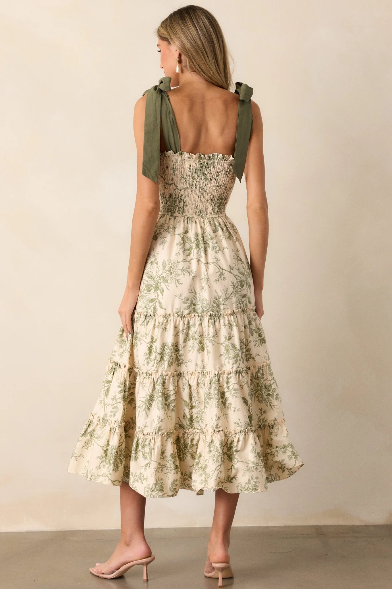 Green Floral Smocked High Waist Tiered Midi Dress