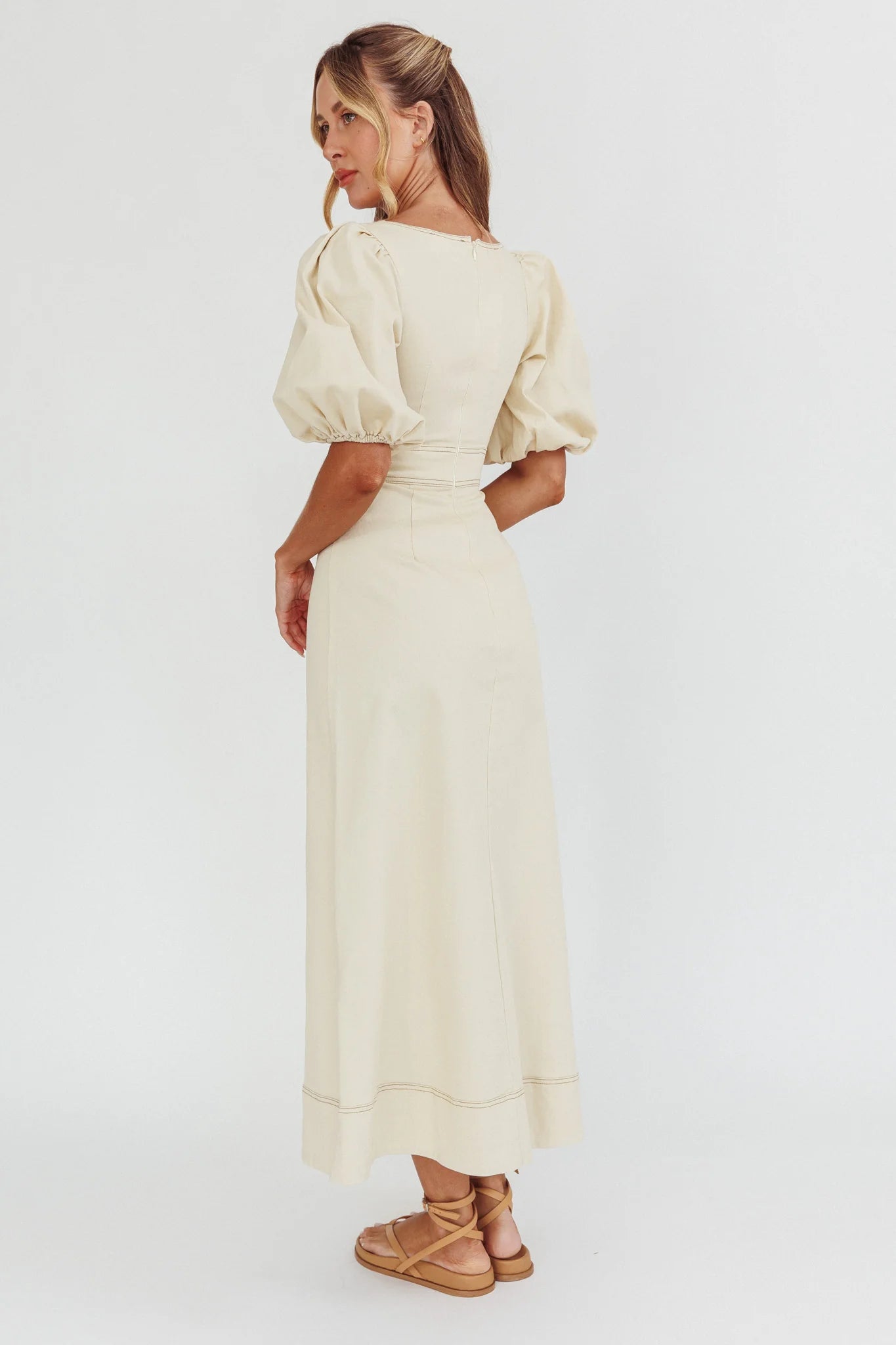 Sibille Puff Sleeve Contrast Stitch Dress Butter