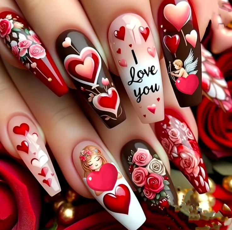 Luxury 3D Floral & Heart Press-On Nails-Elegant Valentine's Romantic Collection Custom Gel False Nails
